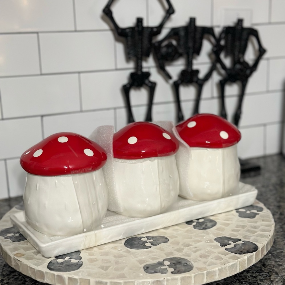 NWOT•Mushroom Storage Jars with Lids+Tray